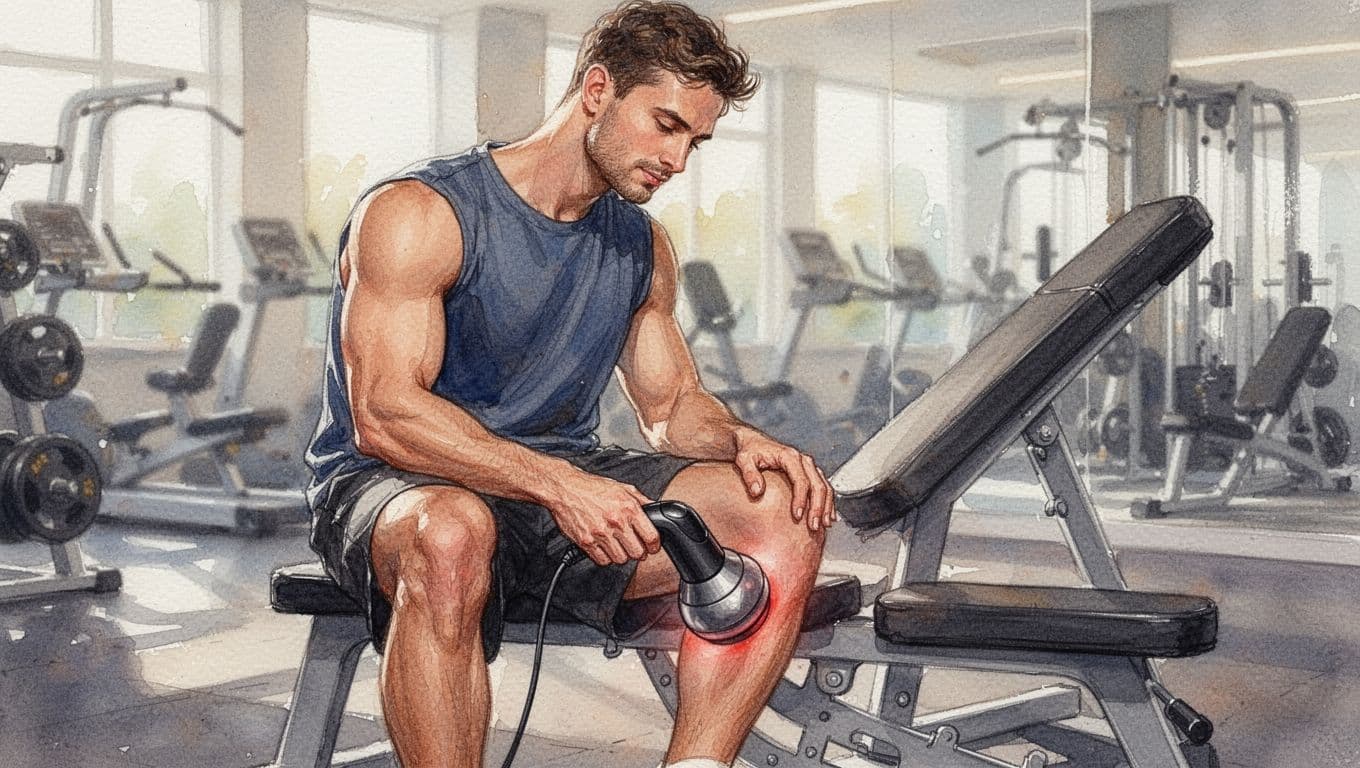 Massage Guns: Boost Recovery After Nairobi Nights A fit athletic man seated on a gym bench gently uses a handheld massage gun on his calf muscle, with a blurred modern gym background. Watercolor style with soft blending, visible brush texture, and natural warm lighting.