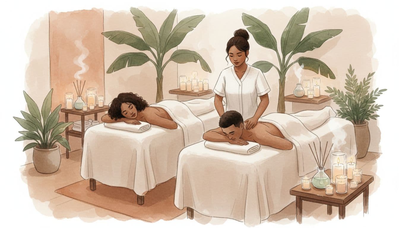 Massage Envy and the Kilimani Spa Search in Nairobi Two clients side by side on massage tables in candlelit room with plants and essential oils, one therapist visible.