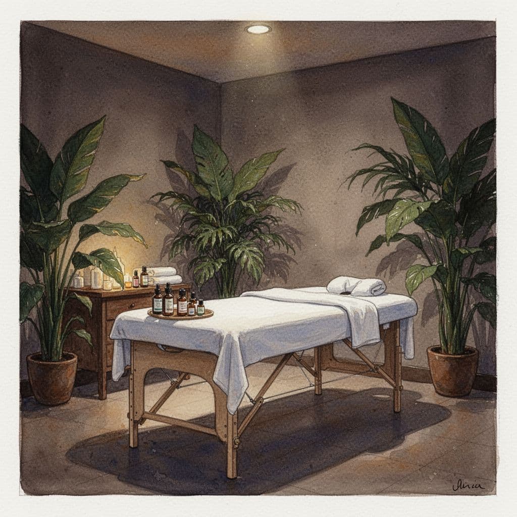 Thai Massage in Nairobi: What Kilimani Visitors Should Know Empty watercolor-style spa room with massage table, essential oils, dim lights, and tropical plants in warm tones.