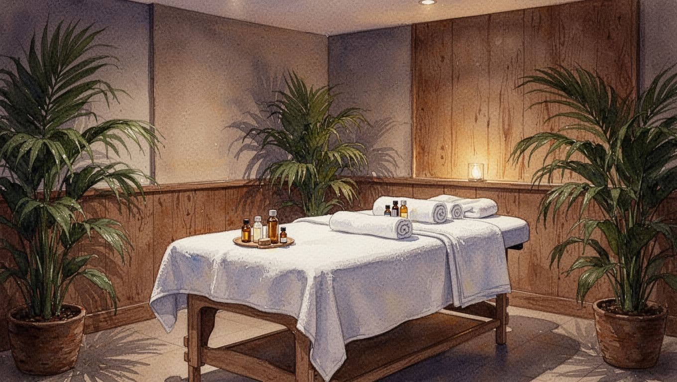 Best Massage Spa Near Me in Nairobi for Total Relaxation A cozy Nairobi massage parlor interior with dim ambient lighting, comfortable massage bed prepared with fresh towels and oils, tropical plants, wooden accents, and a serene inviting atmosphere in watercolor style with soft blending and warm earthy tones.