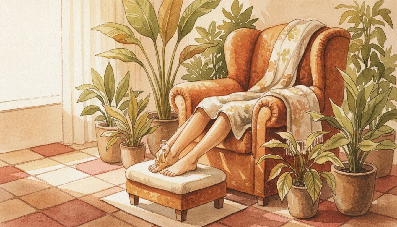 Massage Near Me: Top Nairobi Spots for Relaxation Watercolor style depiction of a woman's feet being massaged with oils in a cozy Nairobi spa setup, featuring a comfortable chair, surrounding plants, soft blending, visible brush texture, and warm tones for a serene atmosphere.