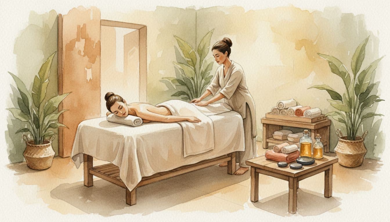 Woman receives Swedish massage from therapist in watercolor-style Kilimani spa interior with warm lighting and towels.