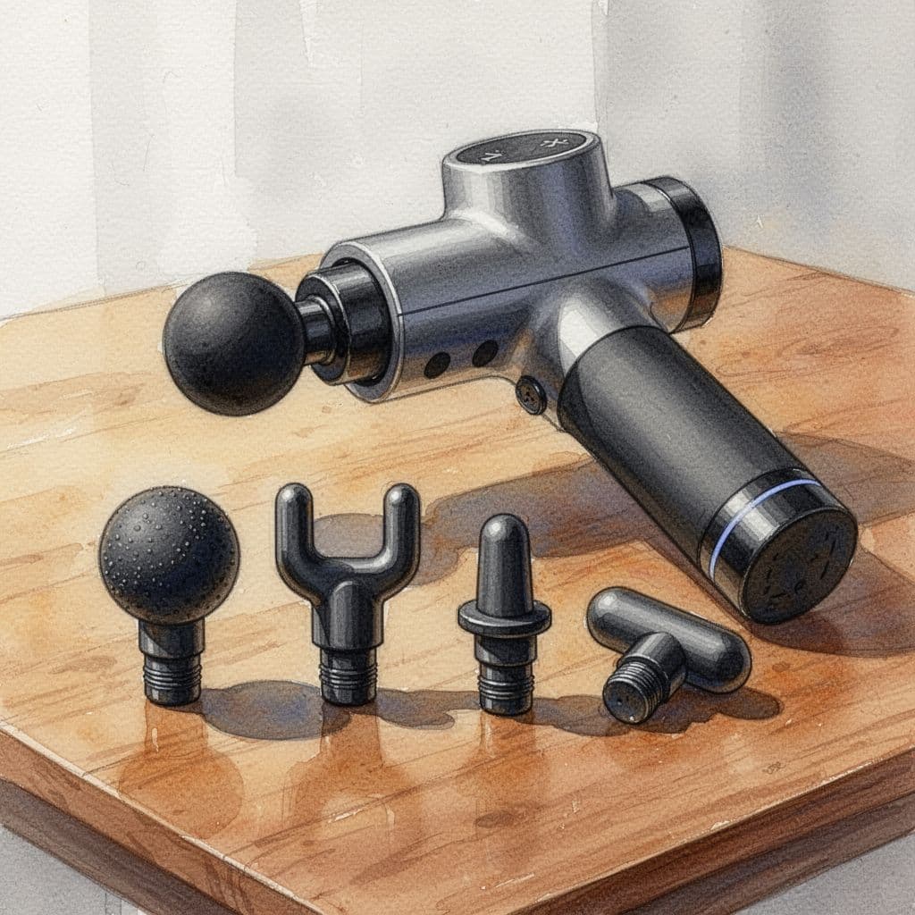 Massage Guns: Boost Recovery After Nairobi Nights Close-up of various massage gun attachments like ball, fork, and bullet heads neatly arranged on a wooden surface next to the main device, in watercolor style with soft blending and brush texture.