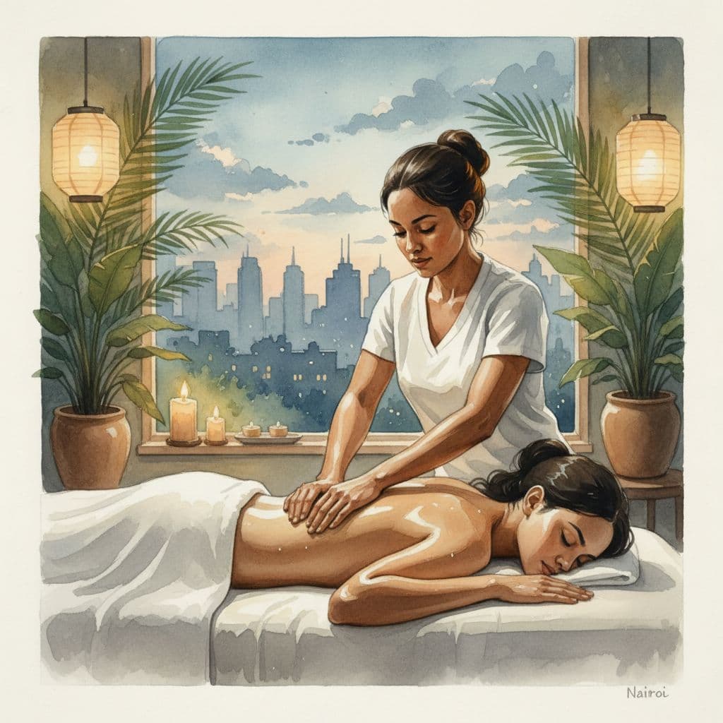 Close-up of a therapist applying deep tissue pressure with two hands on a client's towel-covered back in a Nairobi spa, featuring essential oils, dim lights, tropical vibe, and city skyline view through window. Watercolor style with soft blending, brush texture, and palette of greens, blues, earth tones.