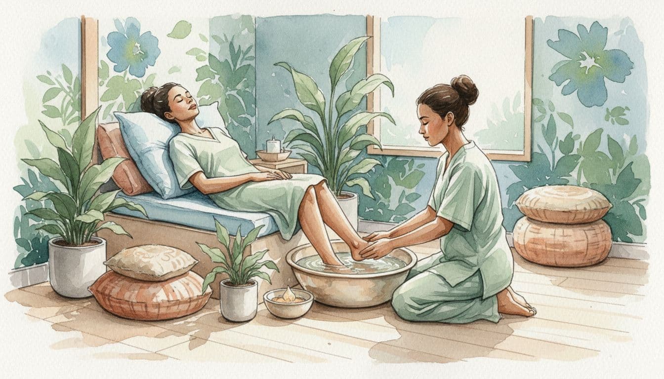 A client relaxes with feet in a warm water basin as a therapist gently massages one foot in a cozy, modern Nairobi massage parlor surrounded by plants and cushions. Watercolor style with soft blending, brush texture, and greens, blues, earth tones.