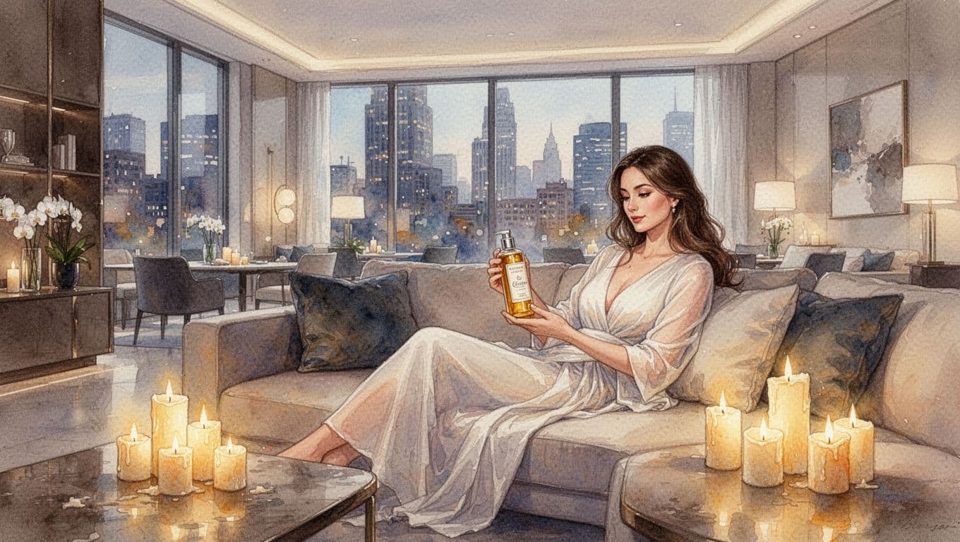 Massage Near Me: Top Nairobi Spots for Relaxation Elegant woman in a modern Nairobi apartment offering massage services, relaxed on a couch with massage oils and candles under soft ambient light, in watercolor style.
