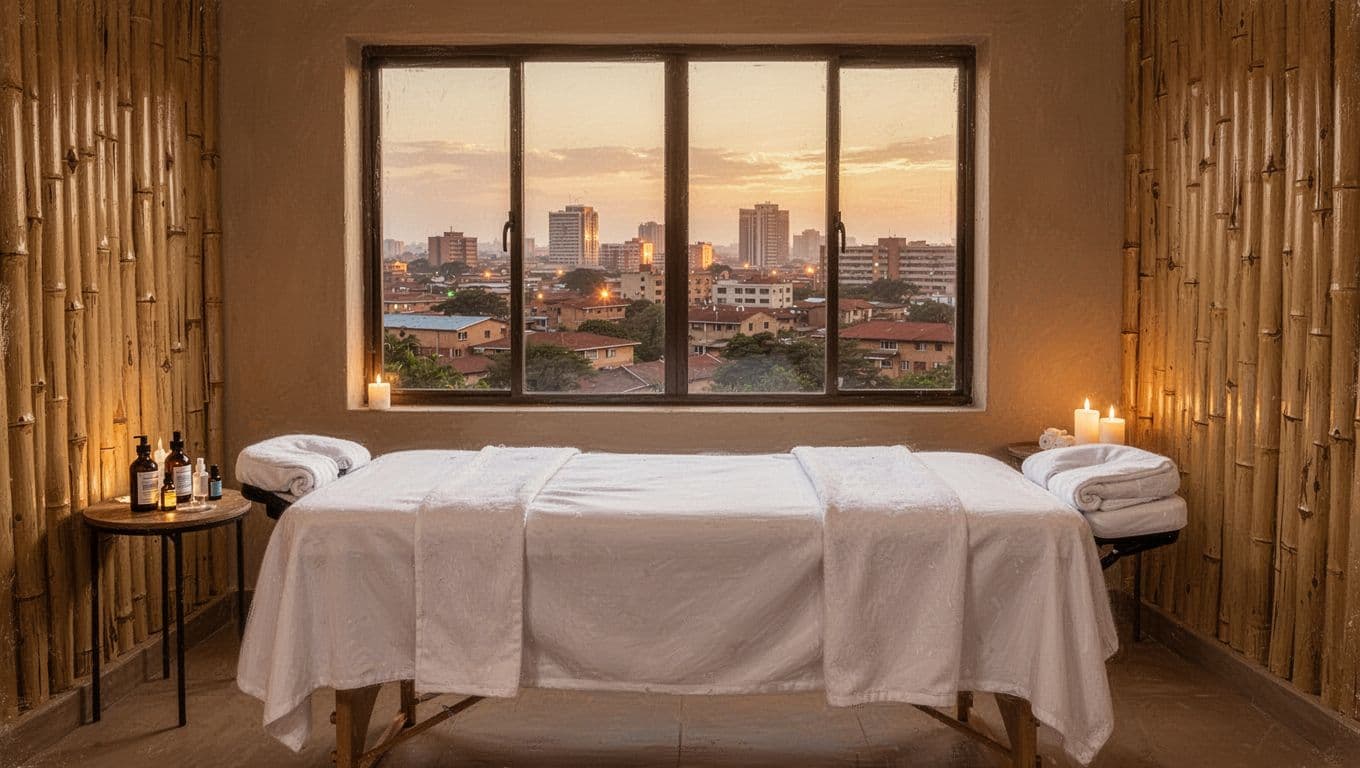 Cozy Nairobi spa room with massage setup, city view suggesting urban Kenyan setting, bamboo accents, essential oils, empty bed with fresh linens, warm lighting in watercolor style.