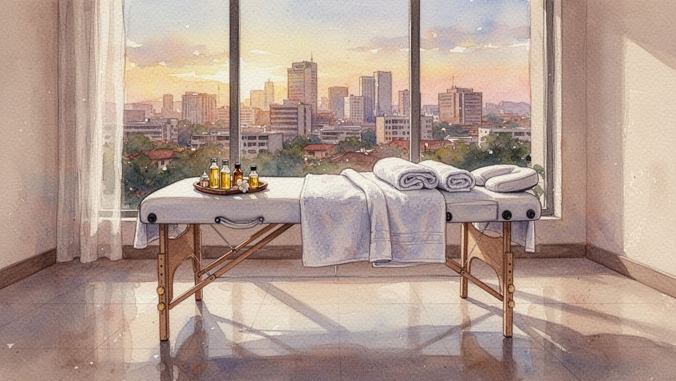 Swedish Massage in Nairobi: Ultimate Relaxation Guide Serene empty spa interior in Nairobi with massage table set for Swedish session, towels and oils nearby, city skyline through window, in watercolor style with warm tones and brush textures.
