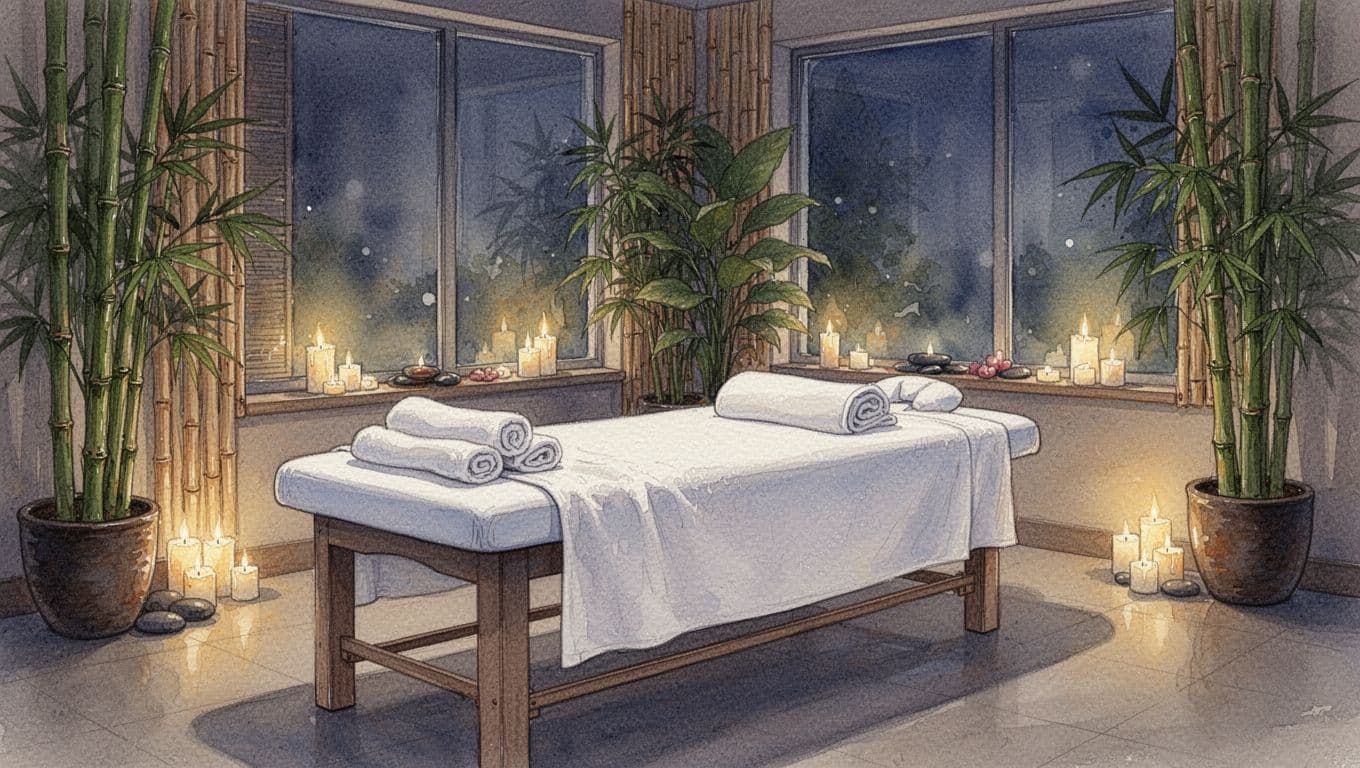 Serene spa interior with a massage table prepared for an Asian massage session, featuring neatly folded towels, dim ambient lighting from candles and windows, potted plants, and bamboo decor, rendered in watercolor style with soft blending and brush textures.