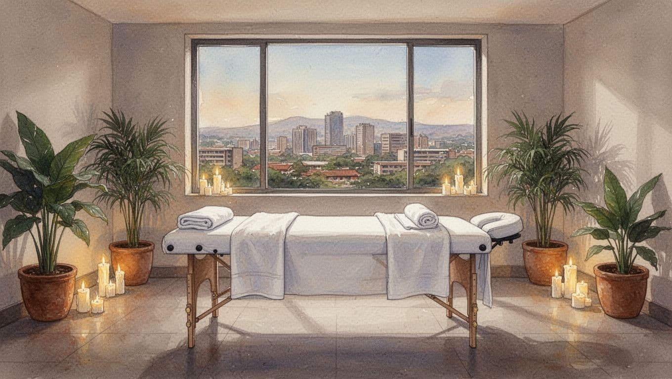 Empty spa room in Nairobi with padded massage table covered in white towels, soft candlelight, potted plants, and cityscape view through window, painted in watercolor style.