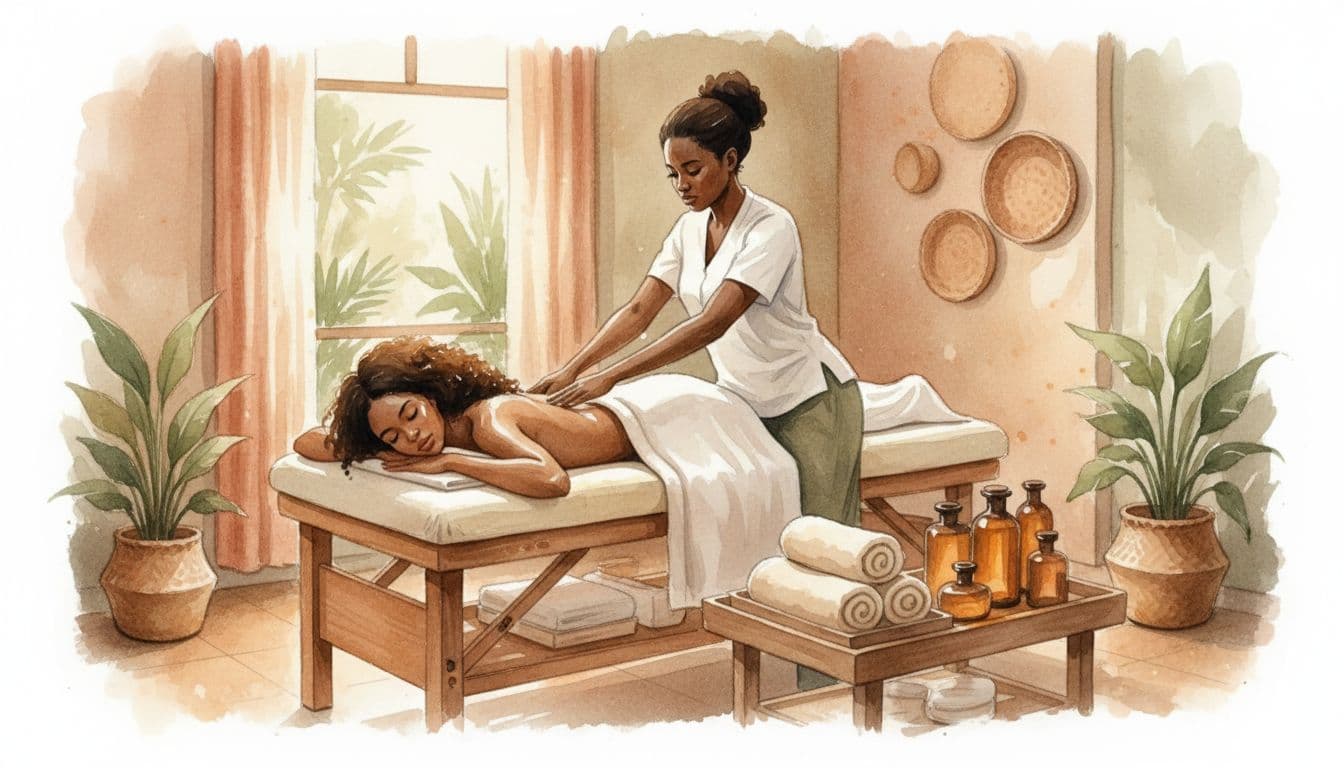 Massage Near Me: Top Nairobi Spots for Relaxation A serene spa room in Nairobi depicts a woman receiving a relaxing full body massage on a table, surrounded by soft lighting, towels, and oils, with exactly one masseuse and one client. Watercolor style features soft blending, visible brush texture, and warm earthy tones.