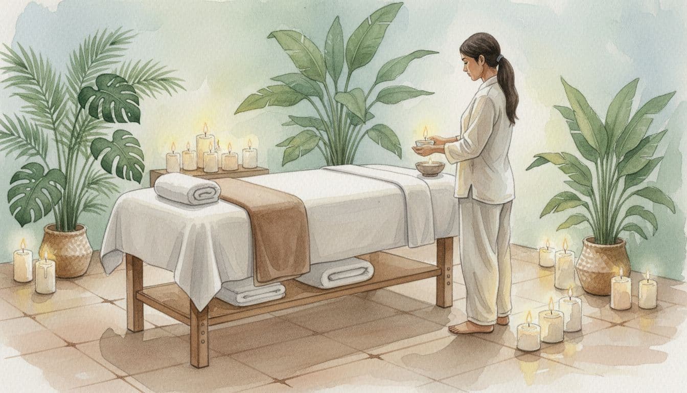 A watercolor-style illustration of a tranquil spa room in Nairobi featuring a single massage table, soft towels, candles, tropical plants, and a female therapist preparing oils under warm ambient lighting.