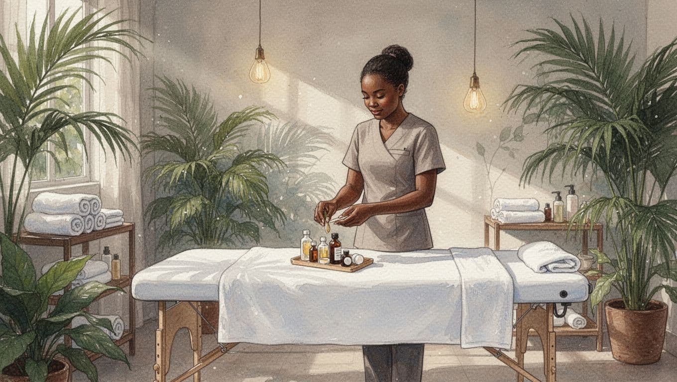 A serene spa room in Nairobi with a massage table, soft lighting, neatly folded towels, tropical plants, and one masseuse preparing oils, in watercolor style with soft blending.