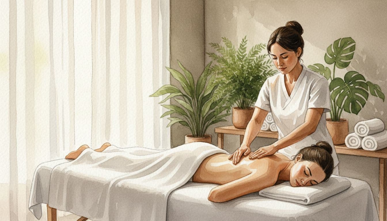 Best Massage Spa Near Me in Nairobi for Total Relaxation A female massage therapist gives a relaxing Swedish full body massage to a female client lying face down on a professional table in a tranquil Nairobi spa room with dim natural light, plants, and folded towels. Watercolor style features soft blending, visible brush texture, serene atmosphere, and warm neutral tones.