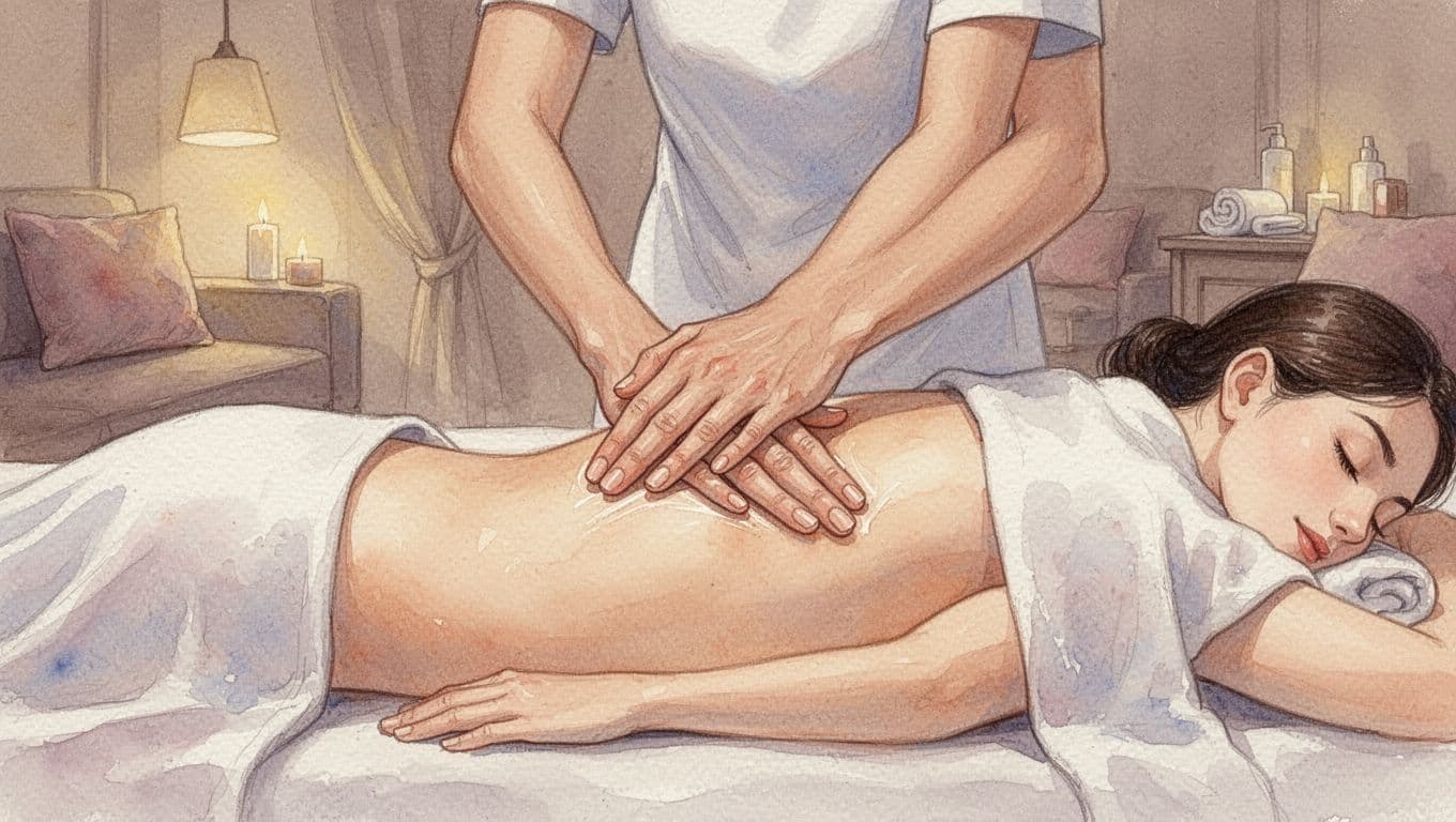 Swedish Massage in Nairobi: Ultimate Relaxation Guide Therapist hands performing long gliding strokes of Swedish massage on a relaxed client's back in a cozy spa room with warm lighting and serene atmosphere, in watercolor style.