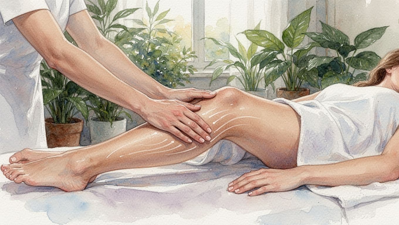 Swedish Massage in Nairobi: Ultimate Relaxation Guide A relaxed client receives Swedish massage focusing on leg effleurage with gliding hands in a tranquil spa with plants, rendered in watercolor style with soft blending and brush texture. Only therapist hands and draped client body shown, no faces or extras.
