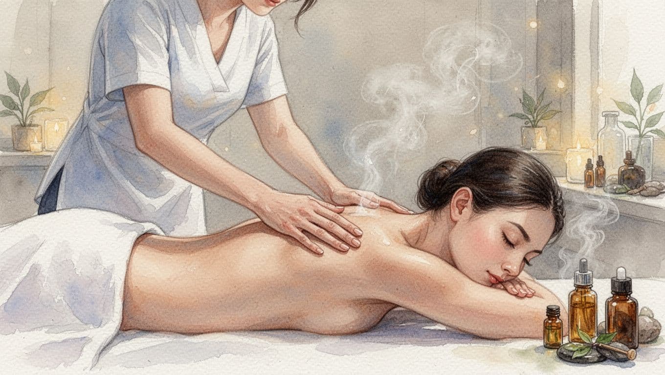 Professional masseuse performing Swedish massage on a client's back in a dimly lit spa room with essential oils, shown in side view with watercolor style and soft brush textures.