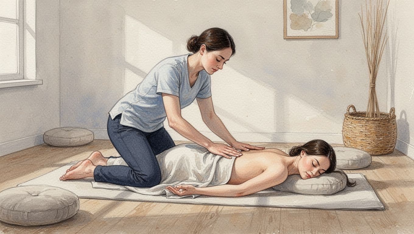 A massage therapist performs Thai massage on a client lying face down, applying pressure along the back with knees and palms in a serene clinic room, watercolor style with soft blending.
