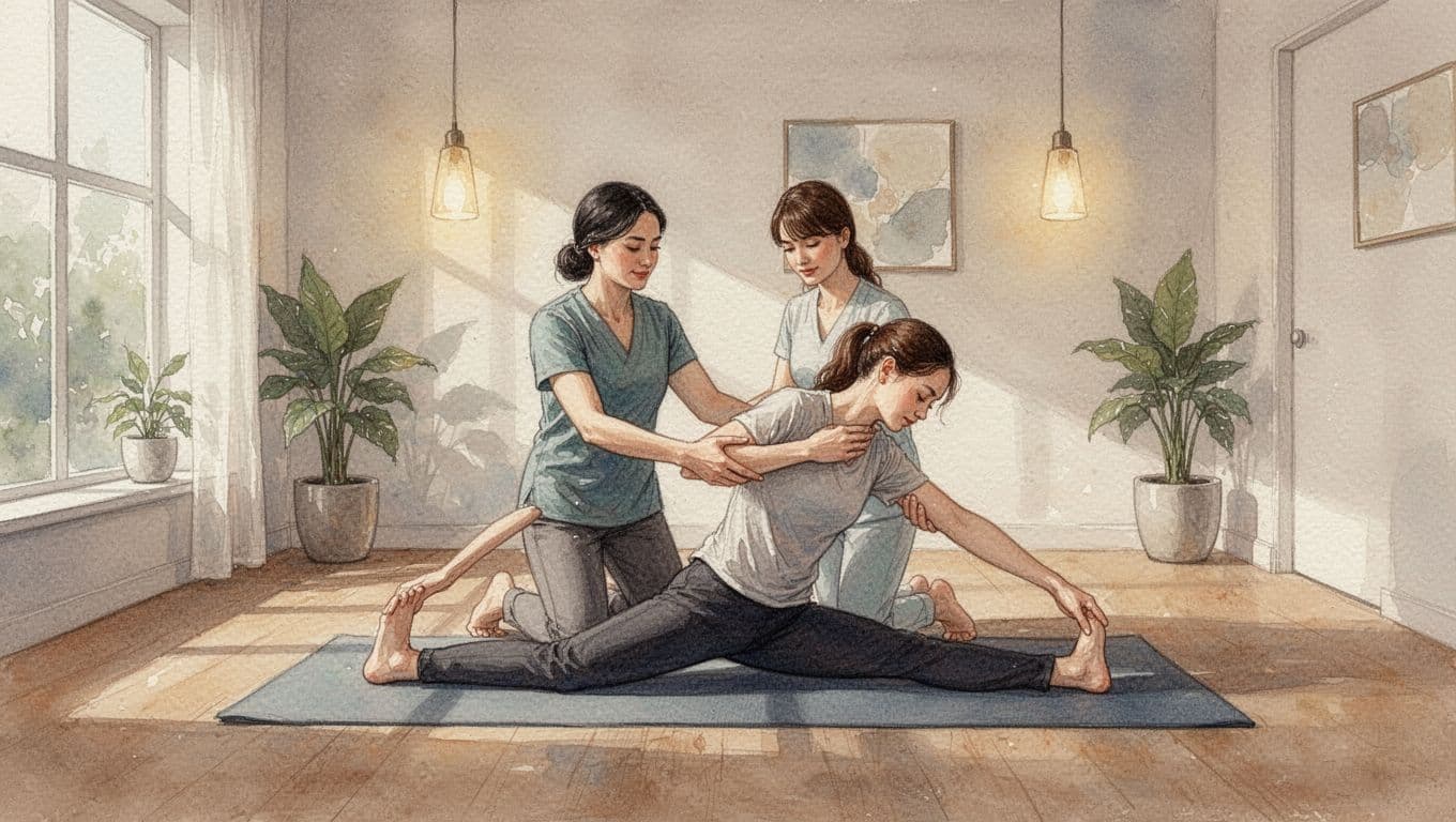 Thai Massage in Nairobi: What Kilimani Visitors Should Know Therapist assists client in yoga-like stretch on mat in spa room, watercolor style with brush texture.