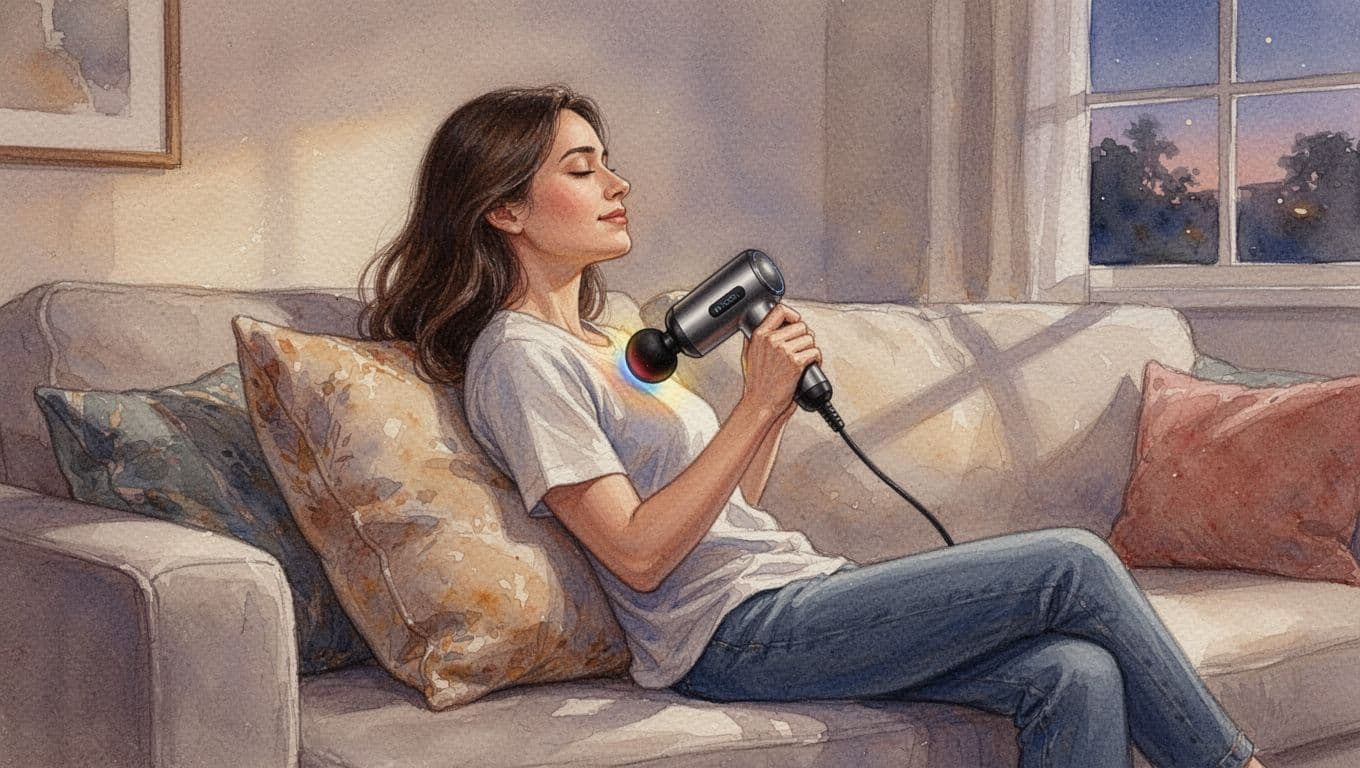 Massage Guns: Boost Recovery After Nairobi Nights A woman relaxes comfortably on a couch in a cozy living room, applying a massage gun to her upper back from a side angle. Watercolor style with soft blending, visible brush texture, and gentle evening light.