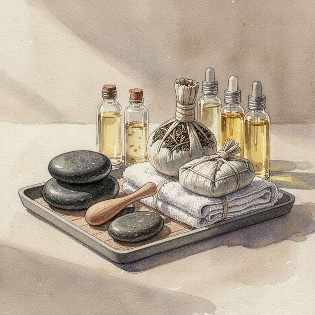 Assortment of massage stones, hot towels, herbal compresses on tray beside oil bottles, watercolor style with brush texture.