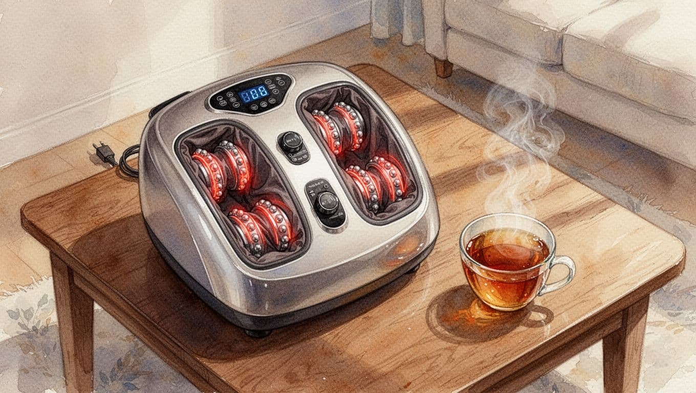 Foot Massager Guide for Sore Feet and Smarter Relief Top-down watercolor view of modern electric foot massager on wooden table next to tea cup.
