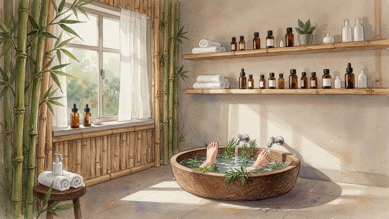 Bamboo-decorated room with essential oil shelf, herb foot basin, soft window light.