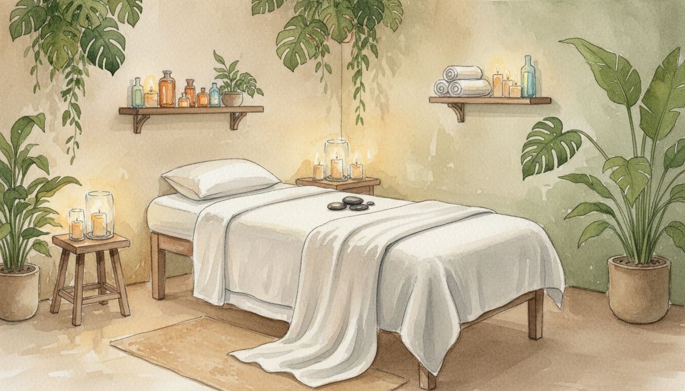 Massage Chair Comfort and Smart Kilimani Spa Choices Watercolor spa room with massage bed draped in white towels, dim candlelight, essential oils shelf, and tropical plants.