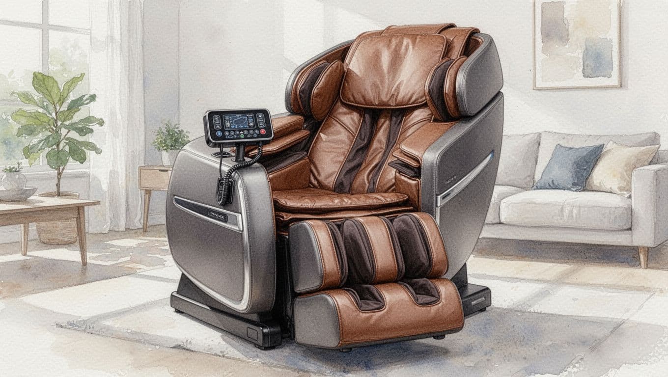 Massage Chair Comfort and Smart Kilimani Spa Choices Close-up of massage chair backrest rollers, controls, leather upholstery, and extended footrest in watercolor style.