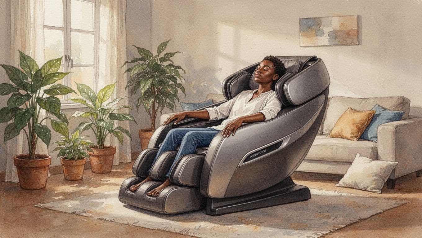 Massage Chair Comfort and Smart Kilimani Spa Choices Person reclines eyes closed in modern massage chair in cozy Nairobi apartment living room with plants and cushions nearby.