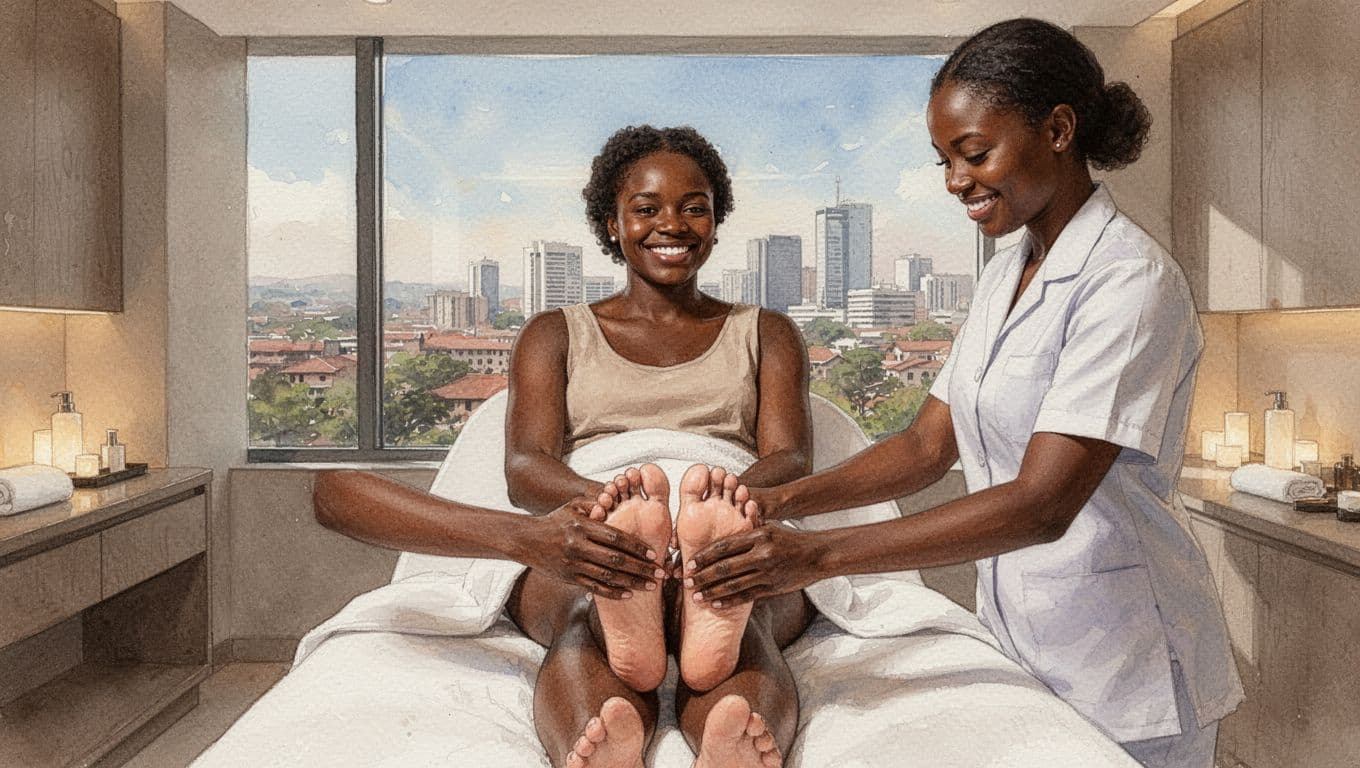 Foot Massager Guide for Sore Feet and Smarter Relief Happy person receives foot massage from therapist in Nairobi spa, urban city visible through window in watercolor style.