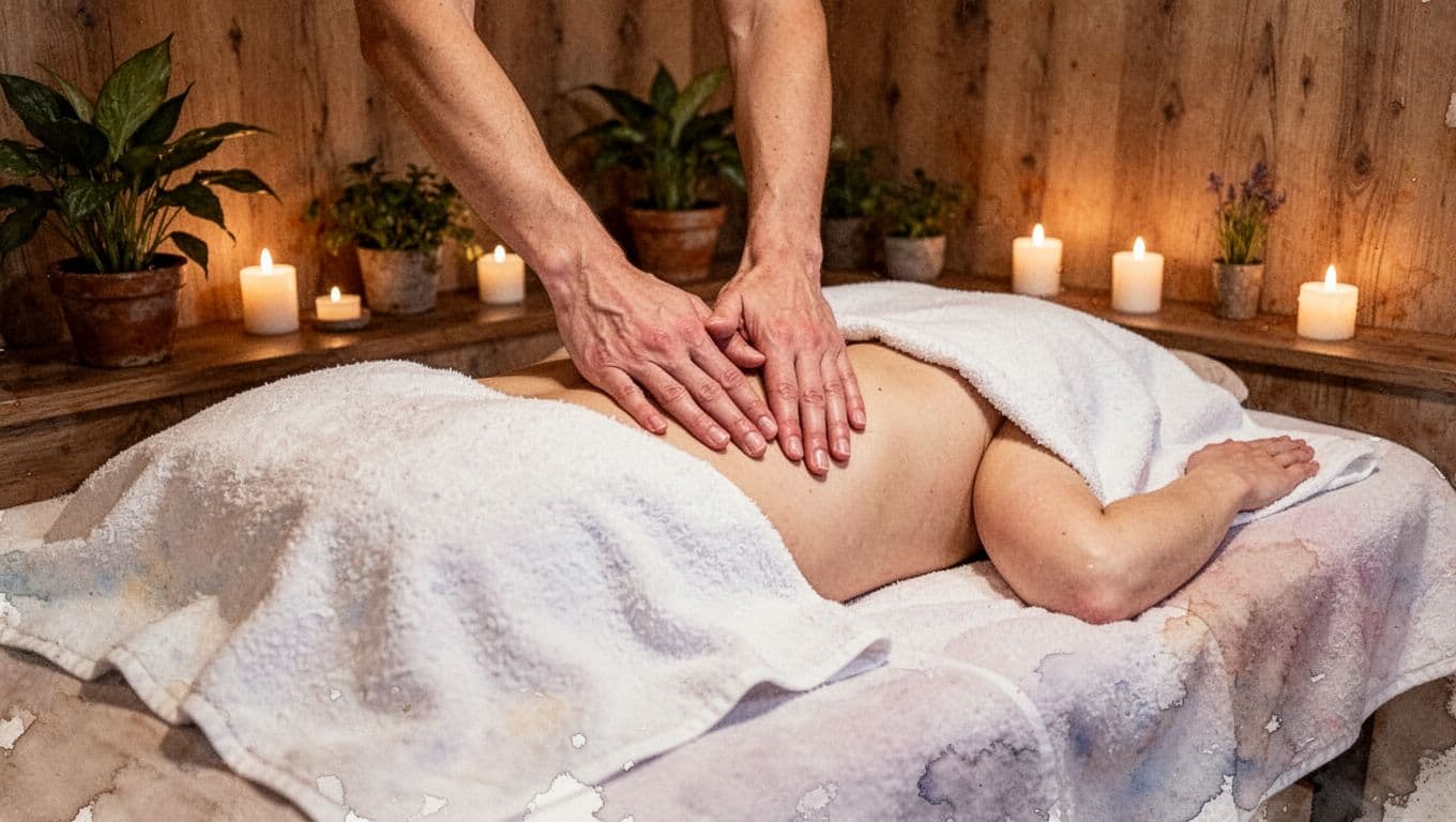 Watercolor spa room shows hands performing Asian massage on back atop towel-covered table amid candles and plants.