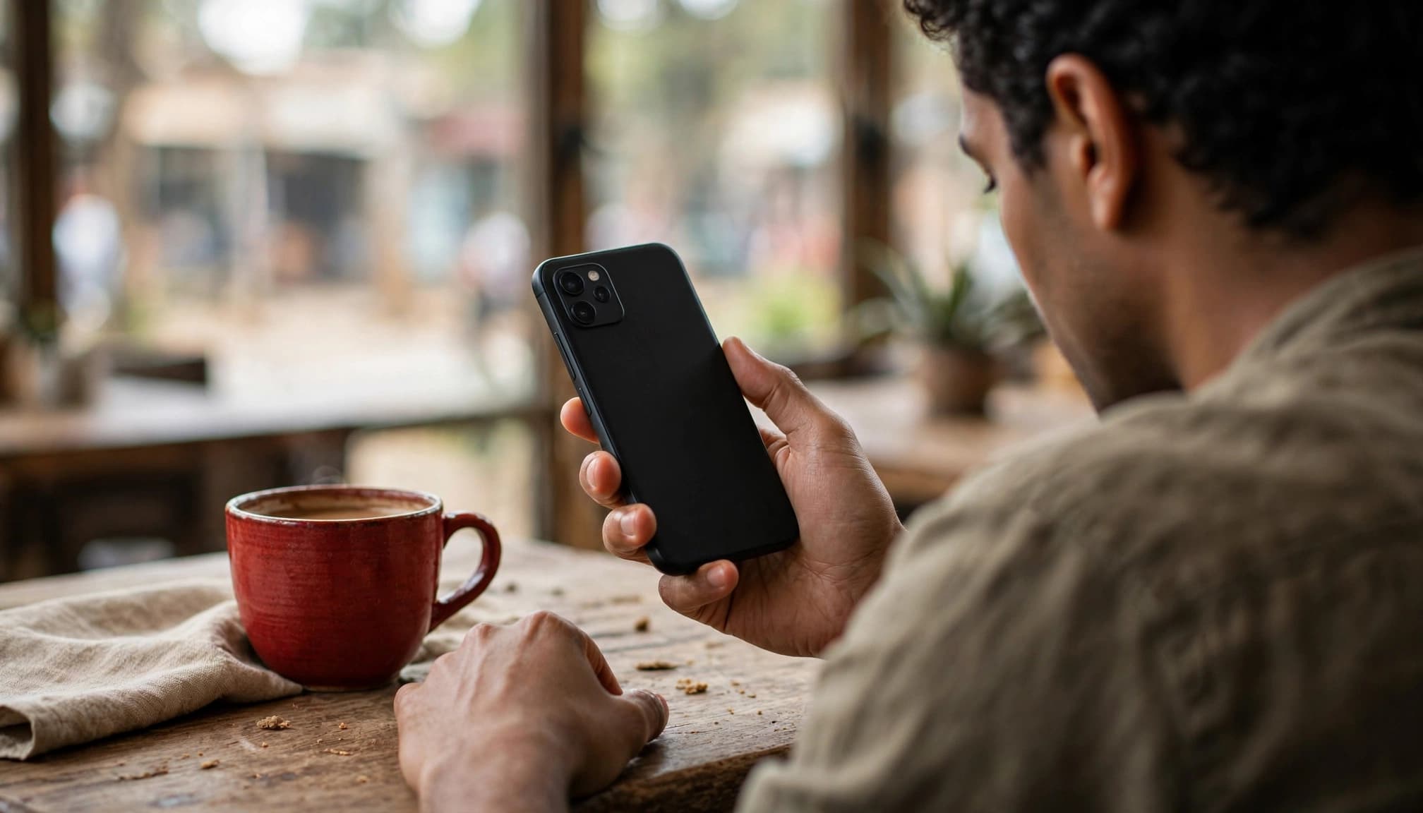 Nairobi Escort Listings: A Practical Guide to Safer Choices A person holding a smartphone at a cafe table with a red mug.