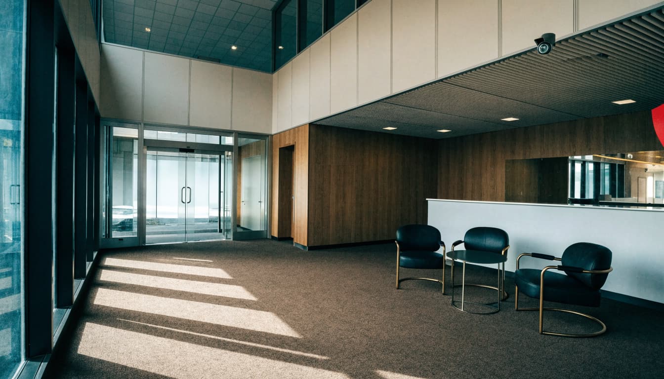 Nairobi Escort Listings: A Practical Guide to Safer Choices A modern public lobby with a reception counter, seating, and a security camera on the ceiling.