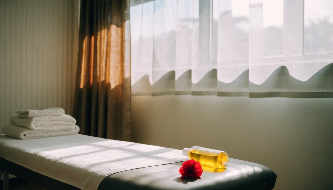 Nairobi Escort Listings: A Practical Guide to Safer Choices A massage table with folded towels, oil, and a red flower by a sunny window.