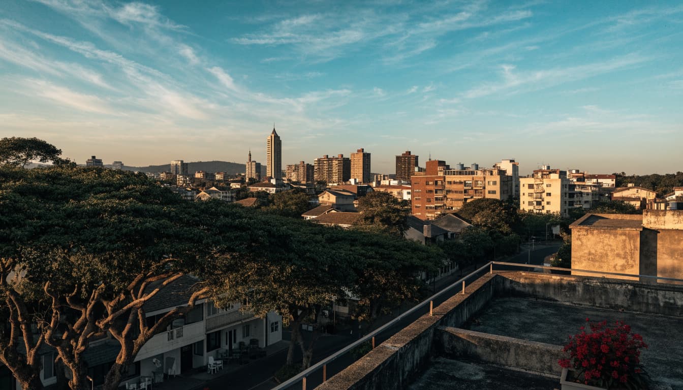 A view of a city skyline and leafy streets from a rooftop terrace at sunset.