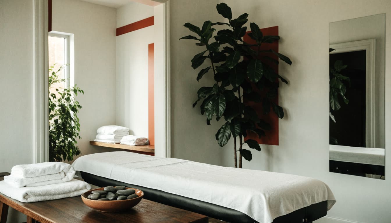 A clean contemporary massage room with a table, stacked towels, a bowl of stones, and a large plant.