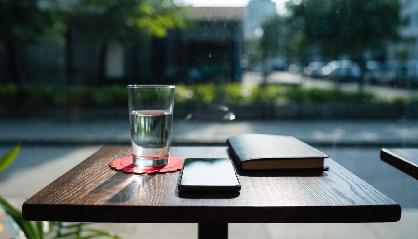 A smartphone, a glass of water on a red coaster, and a closed notebook rest on a wooden cafe table.