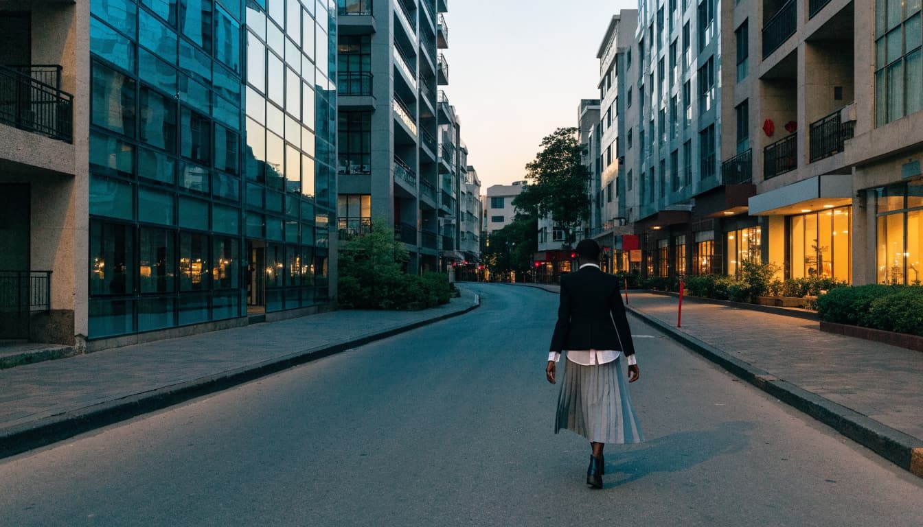 A person walking down an empty urban street flanked by modern buildings at twilight.